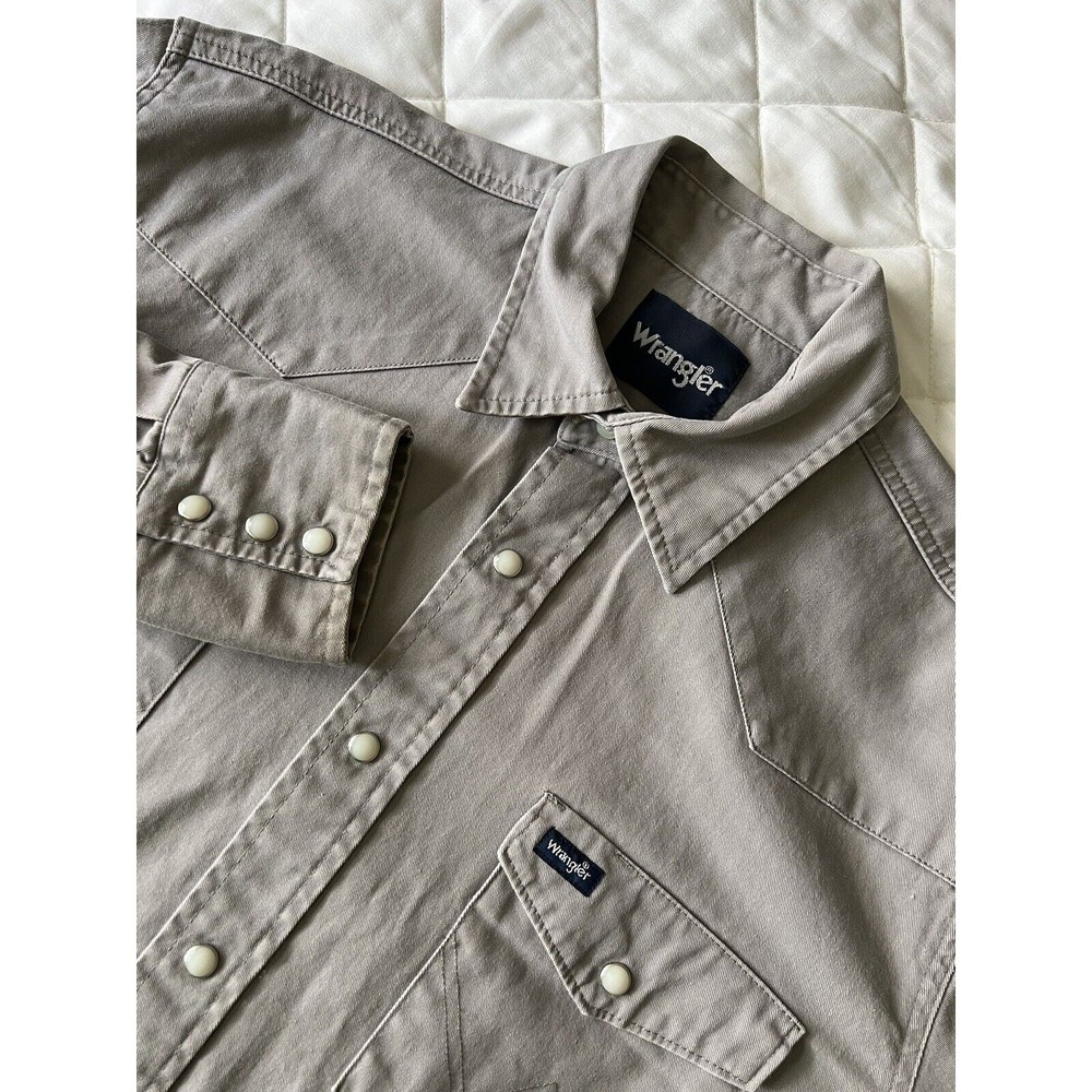 Vtg WRANGLER Western Pearl Snap Shirt Mens size L Brushpopper Heavy Canvas Gray